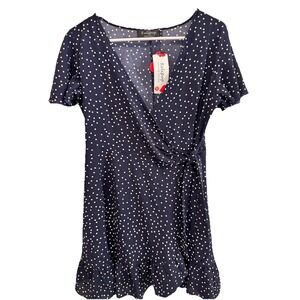 Relipop Polka Dot Wrap Dress Ruffle Hem Flutter Sleeve Navy Size M NWT